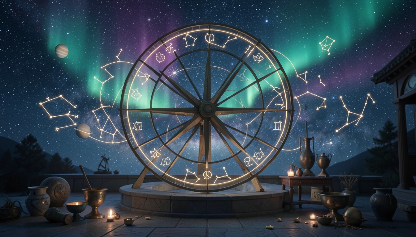 Turning celestial wheel under auroras representing ongoing improvements