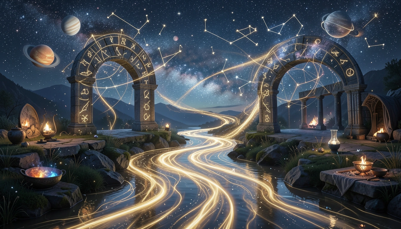 Evolving cosmic river representing policy changes