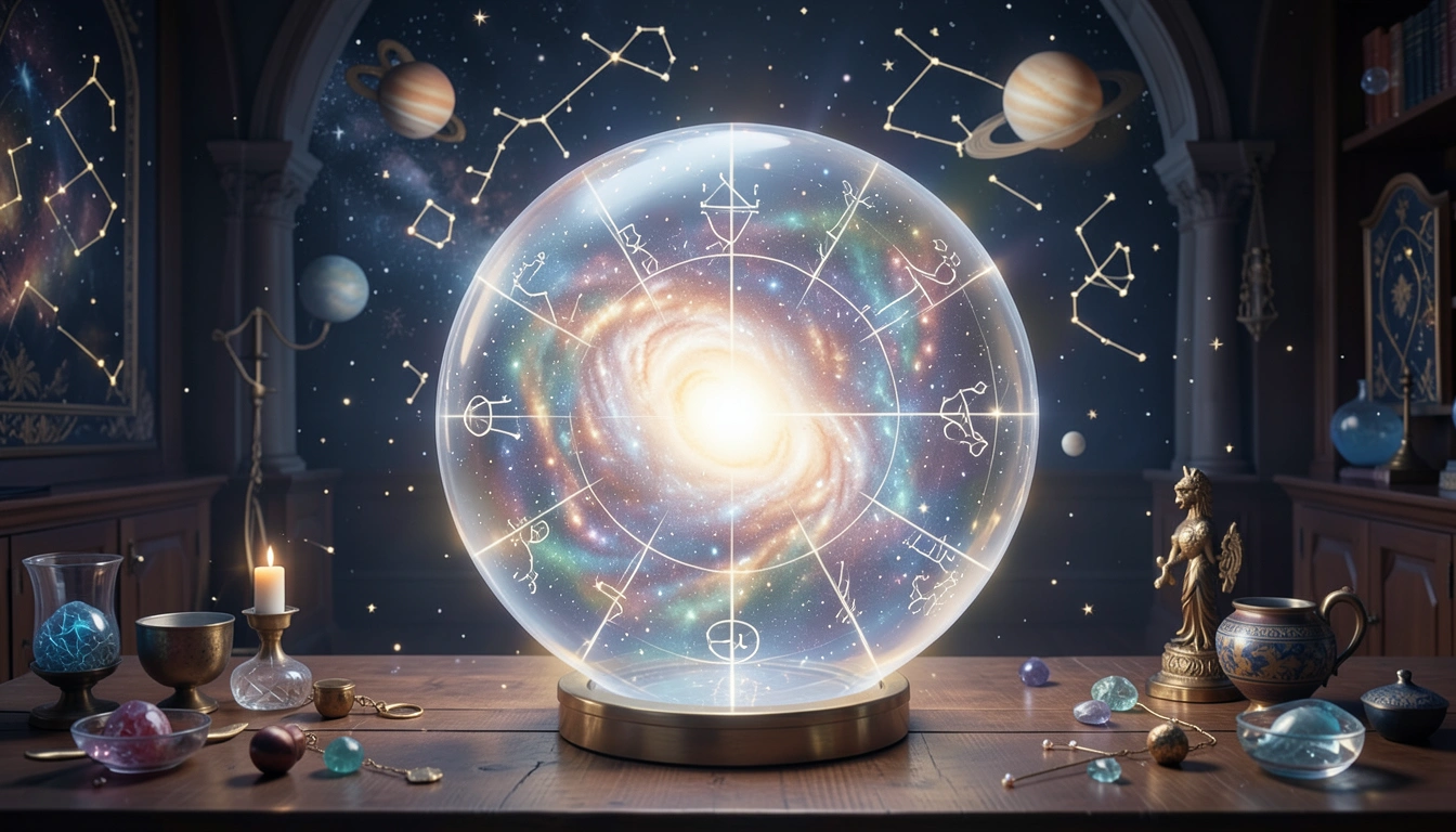 Transparent crystal orb unveiling cosmic truths