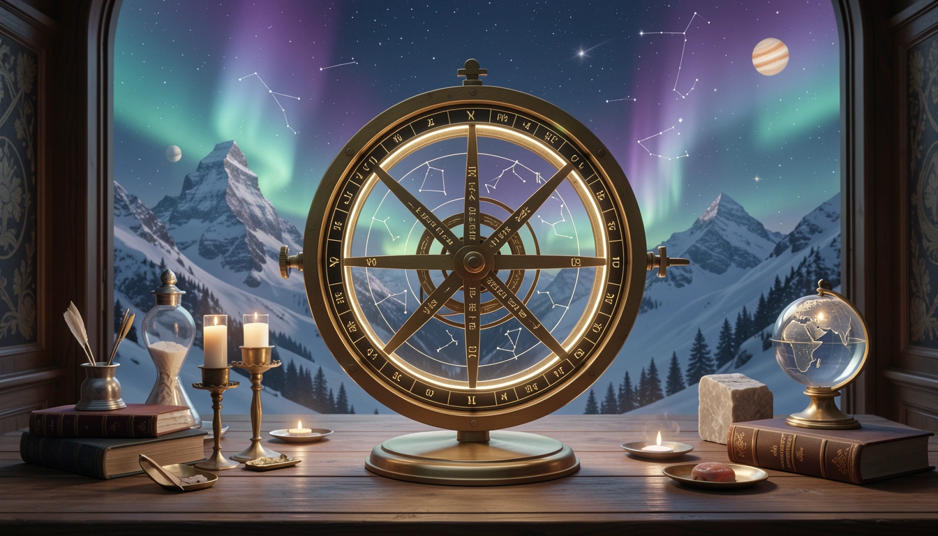 Glowing astrolabe aligning planets under northern lights for accurate horoscope calculations
