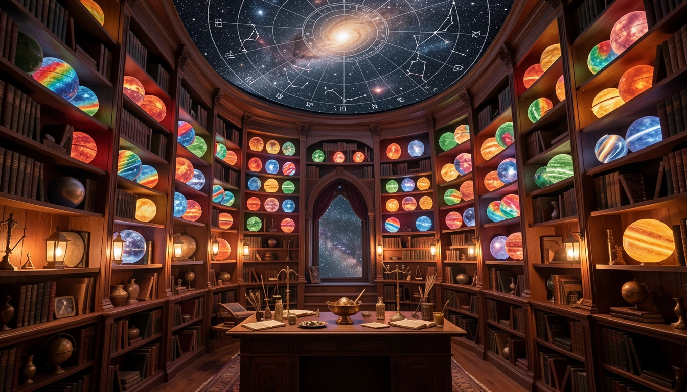 Cosmic library of floating astrology chart orbs on infinite shelves