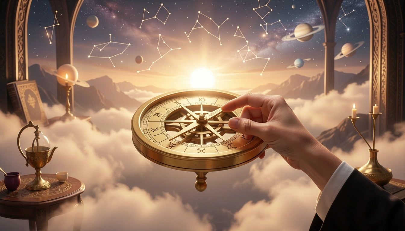 Hand turning zodiac dial on astrolabe at dawn for easy astrology calculations