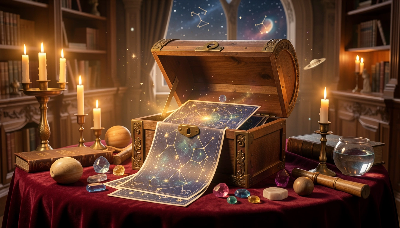 Treasure chest revealing free astrology charts and zodiac insights in candlelit library