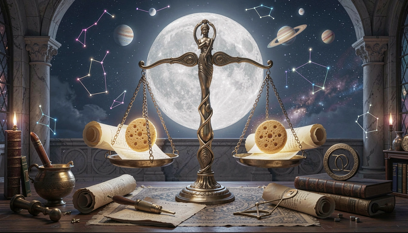 Zodiac scales weighing cookies and privacy scrolls under moonlight
