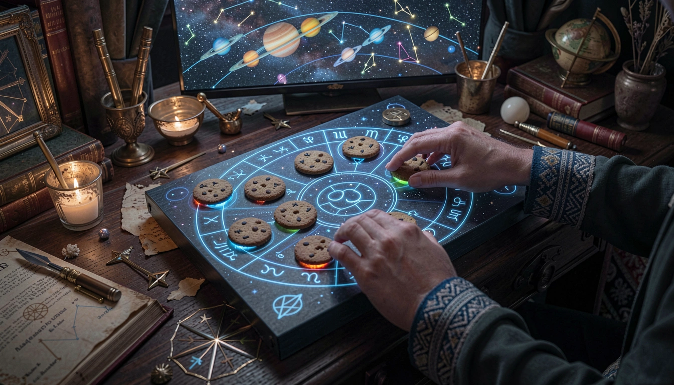 Hands managing cookie preferences on holographic zodiac panel