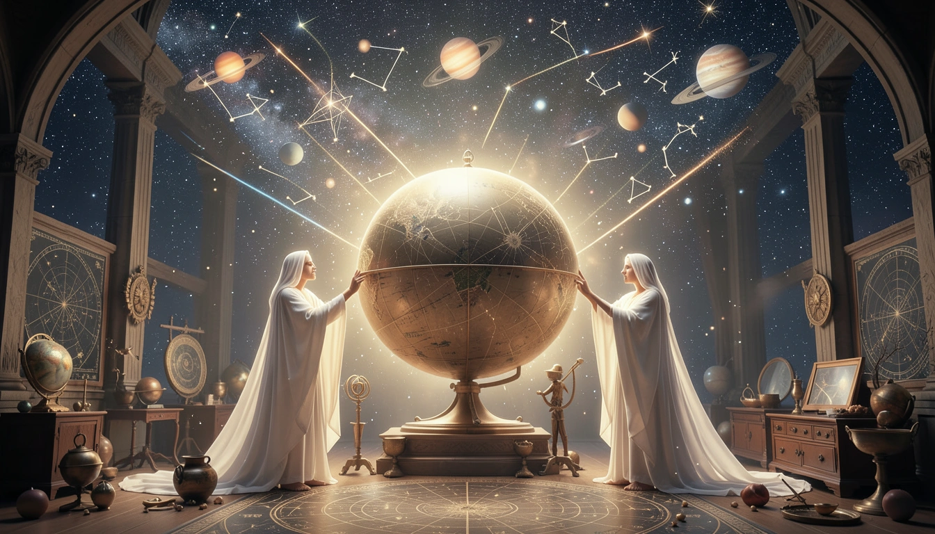 Astrologers consulting celestial globes under aligned planets