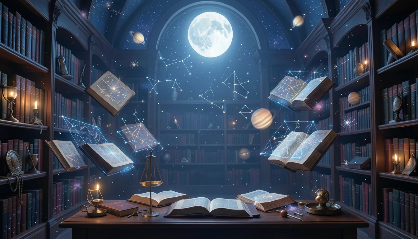 Moonlit mystical library with floating star chart tomes