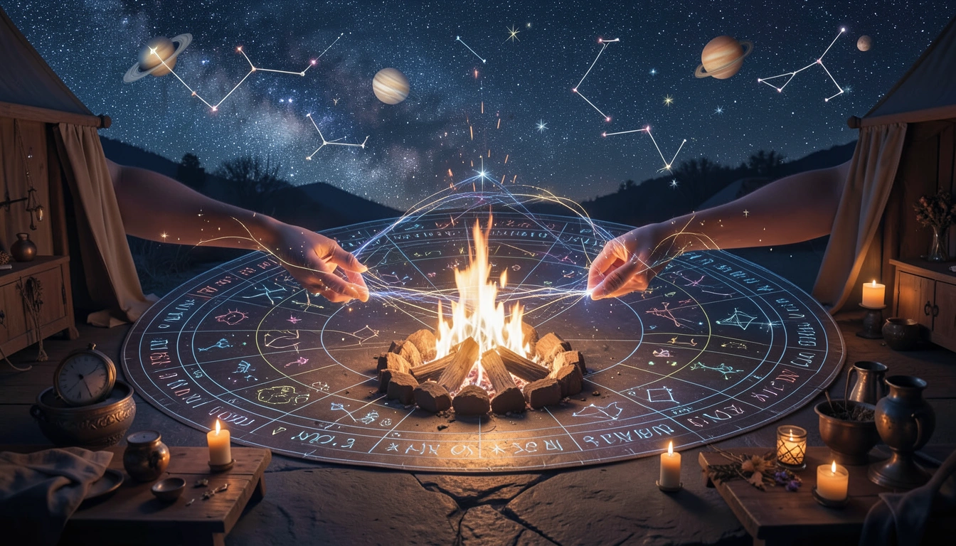 Communal bonfire weaving user stories into zodiac tapestry