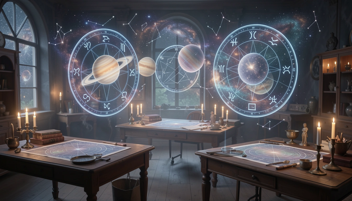 Holographic zodiac workshop with floating planetary orbs