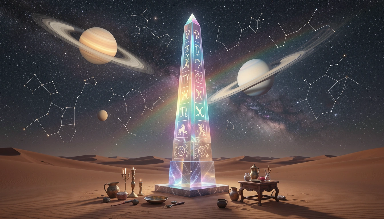Zodiac crystal obelisk with orbiting planets