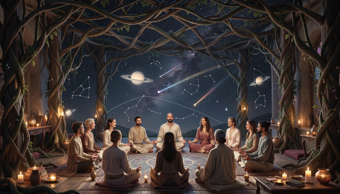Editorial team in zodiac meditation circle