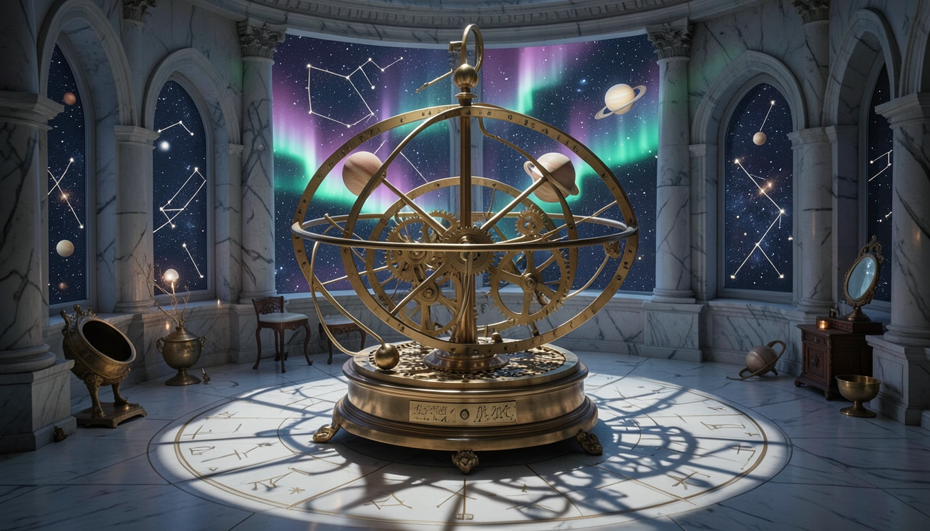 Celestial orrery with gears and planetary alignments