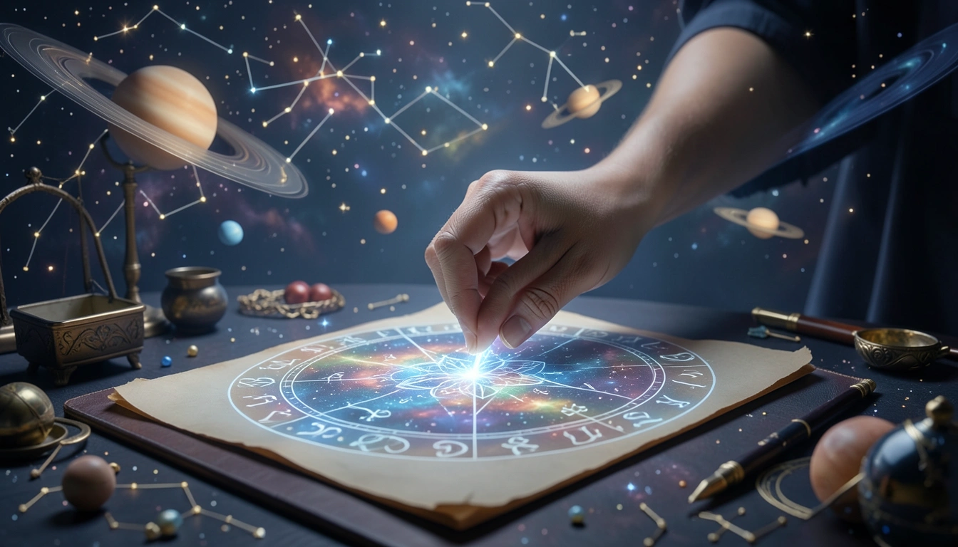 Hand sealing cosmic parchment under stars