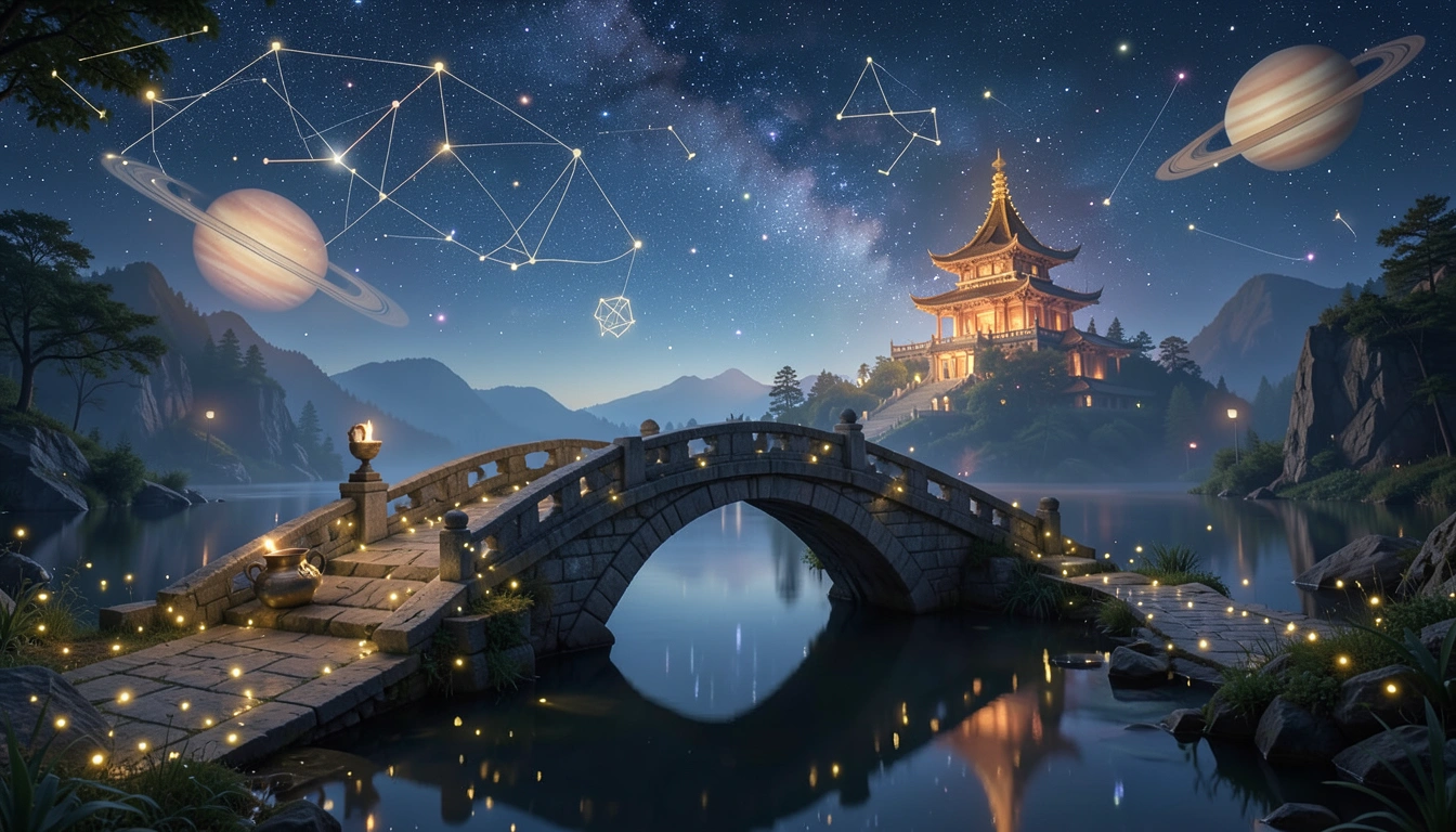 Stone bridge to glowing celestial temple