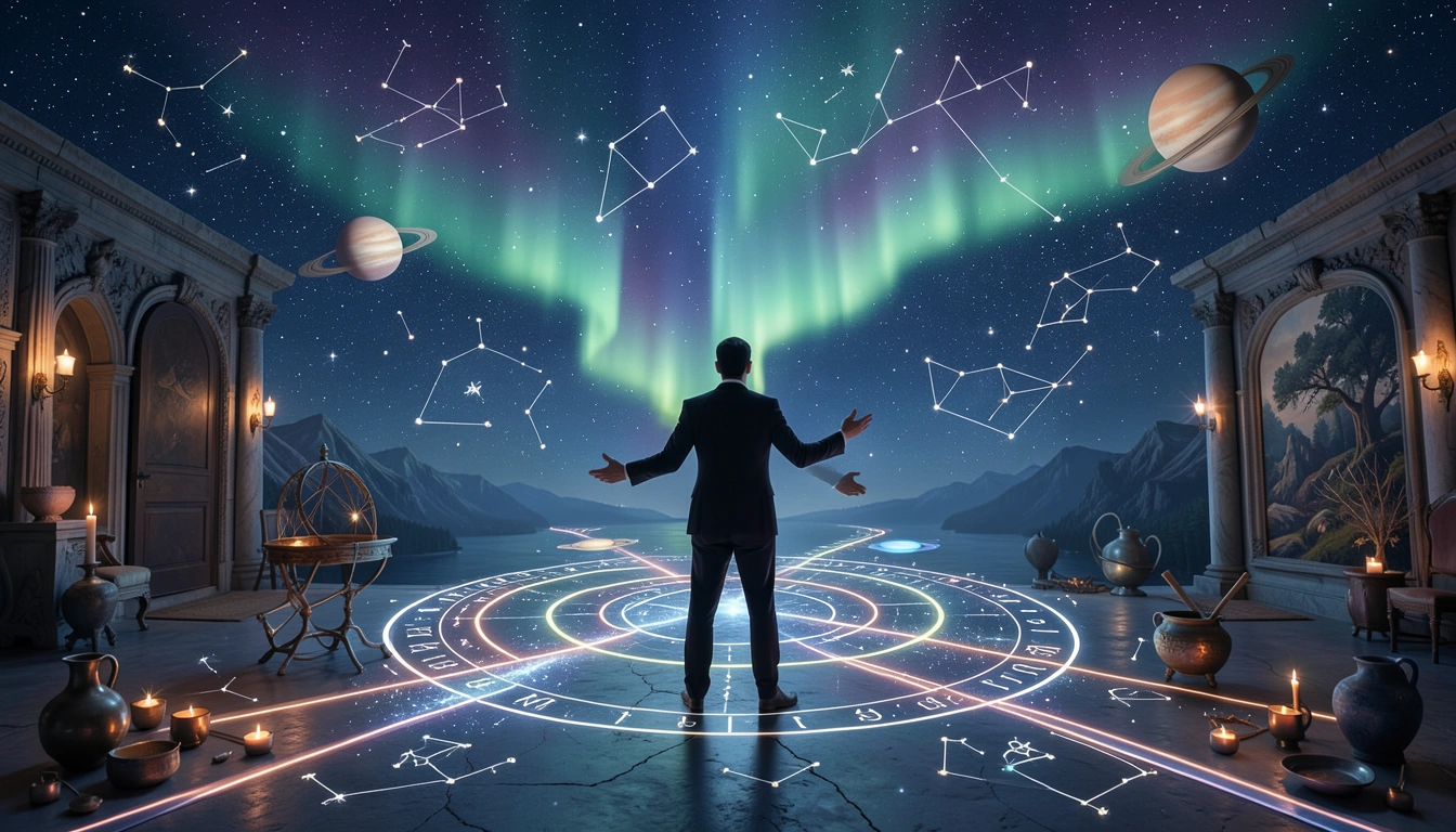 Figure at cosmic crossroads embodying personal responsibility in spiritual guidance