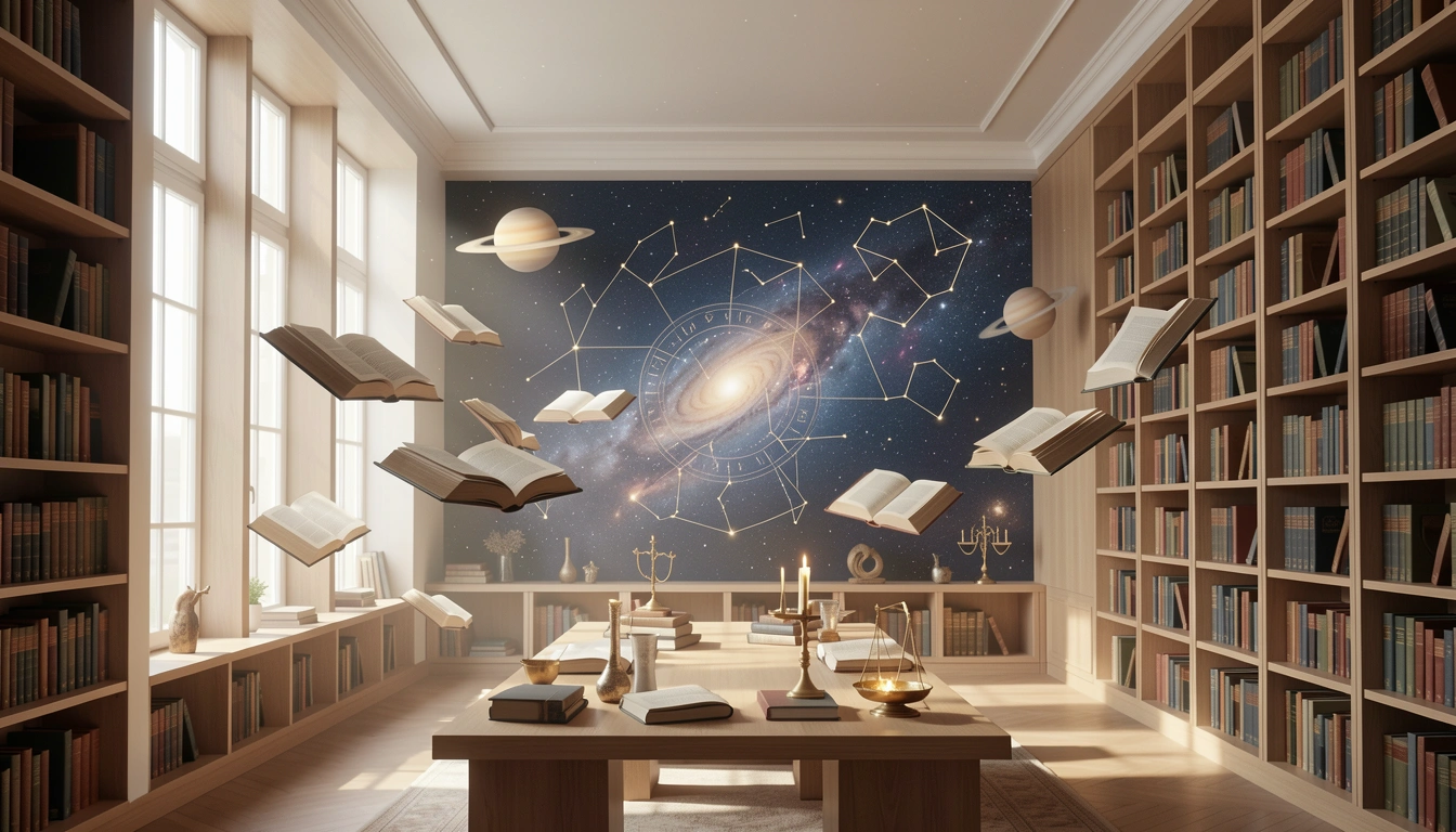 Modern library with floating open books bathed in soft morning light