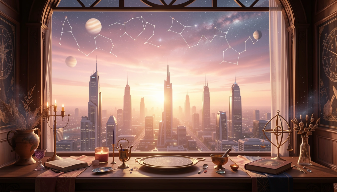 Sunrise over a futuristic city skyline with pink and gold sky