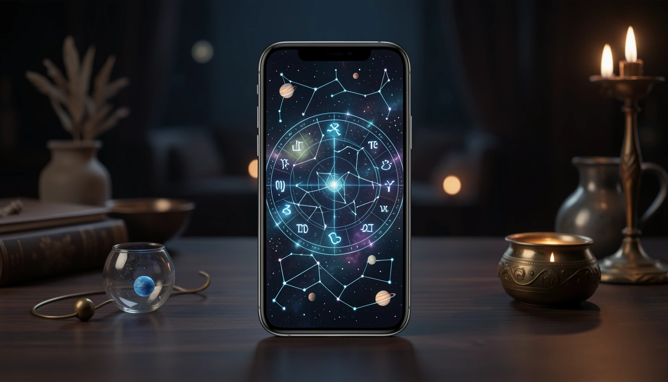 Close-up of a smartphone screen showing a glowing astrological chart in a dark room