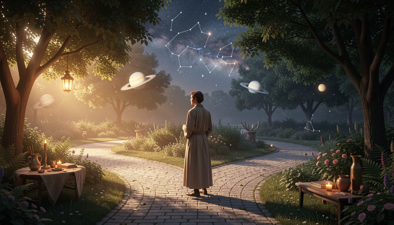 Person standing at a fork in a garden path, one side sunny and one shaded