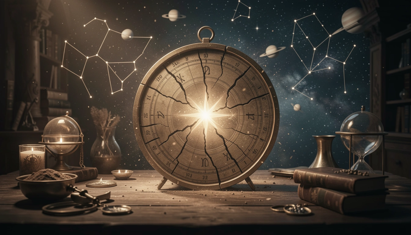Cracked astrolabe symbolizing astrology limitations