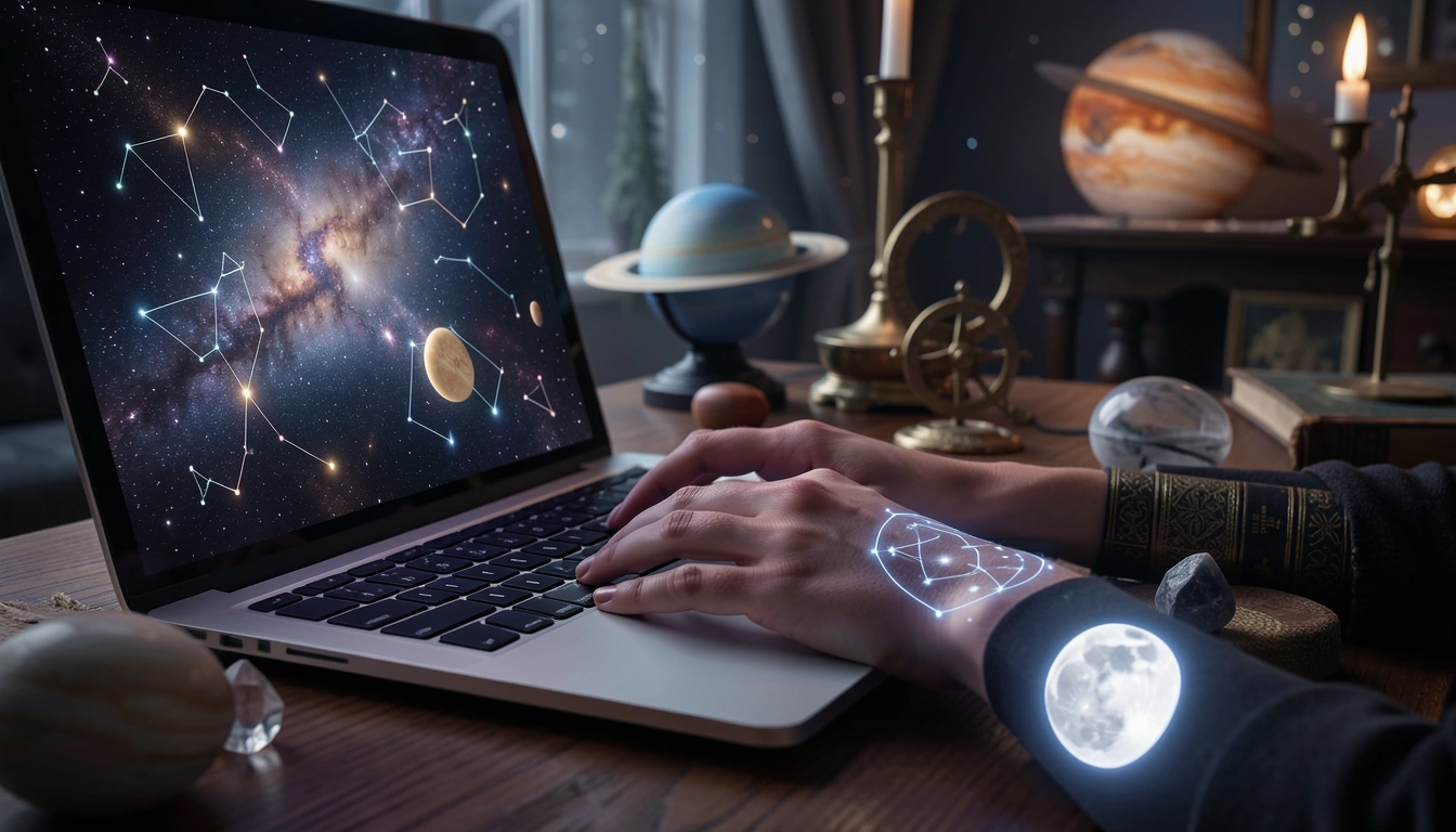 Hands typing on a laptop with a moon phase decal and crystal