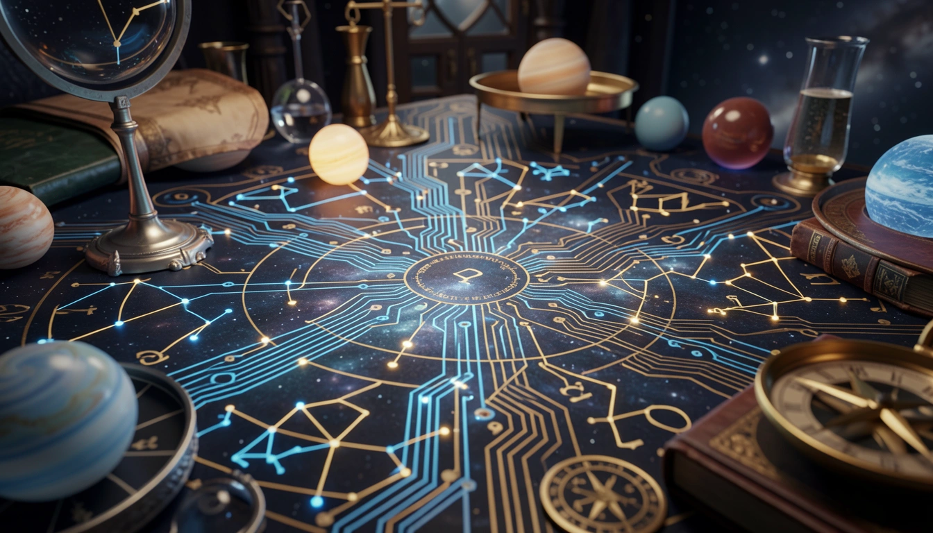 Circuit board with glowing constellation patterns