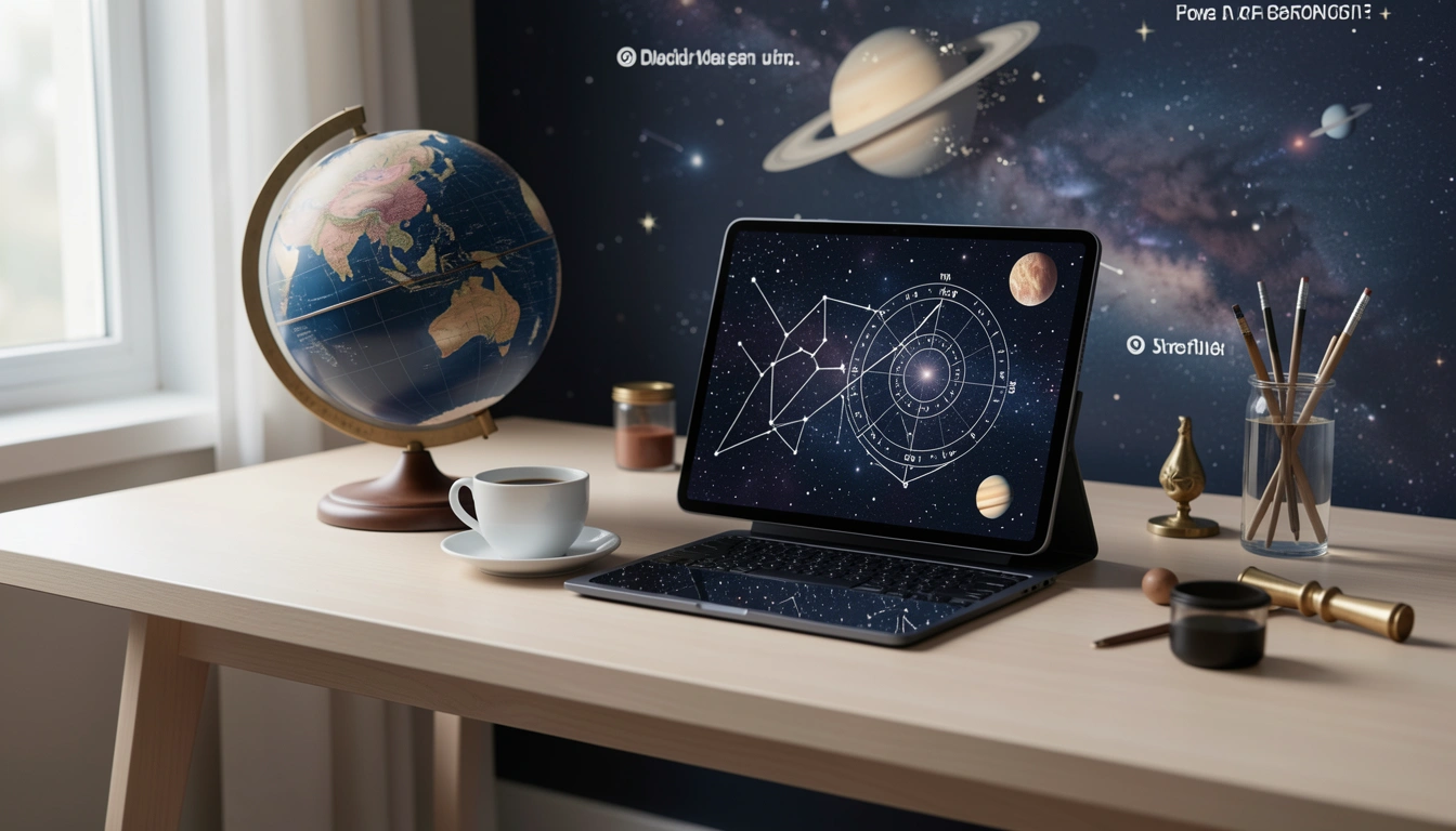 Desk with celestial globe, coffee, and tablet showing a star chart