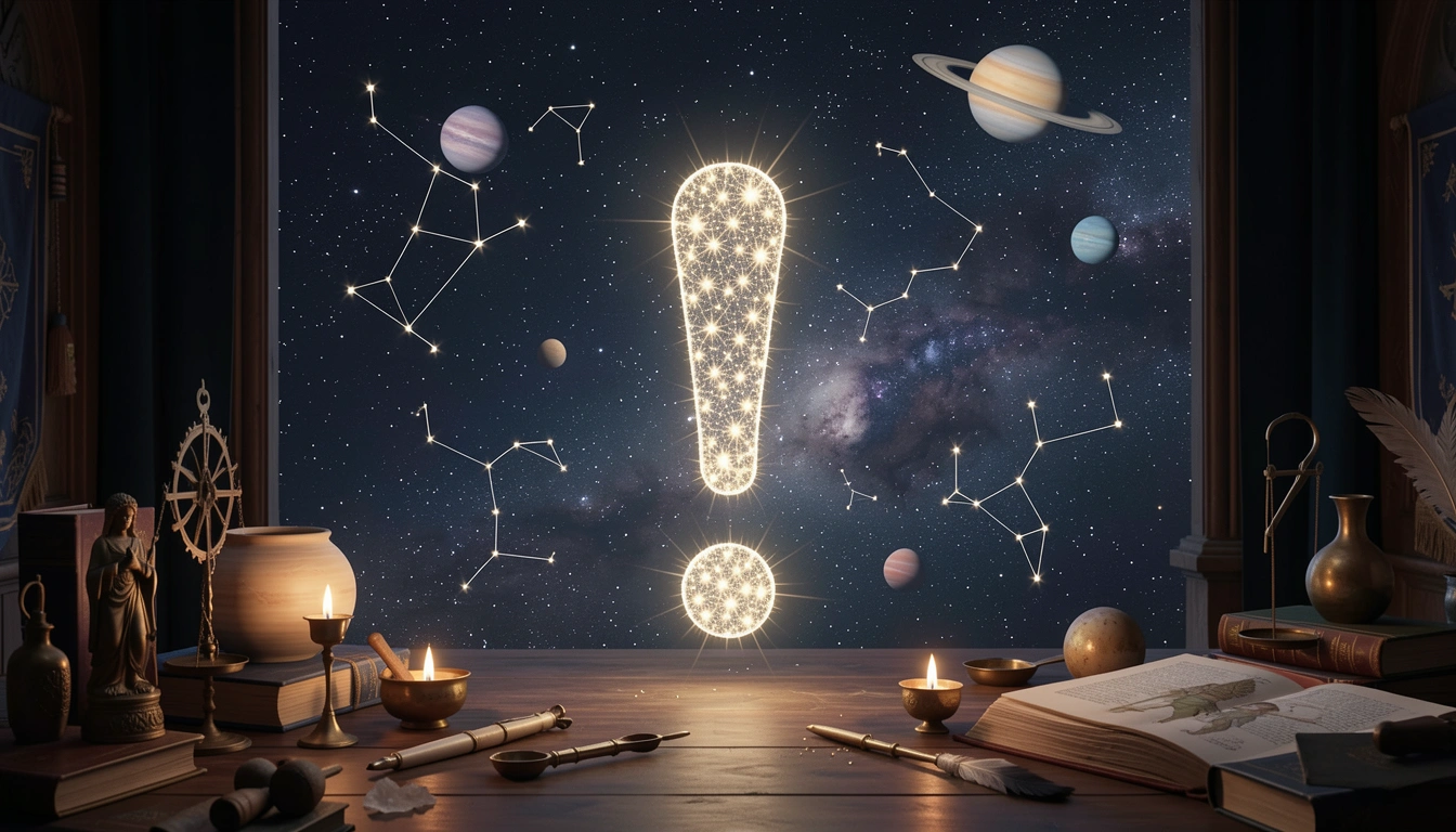 Glowing starry exclamation mark on deep space background