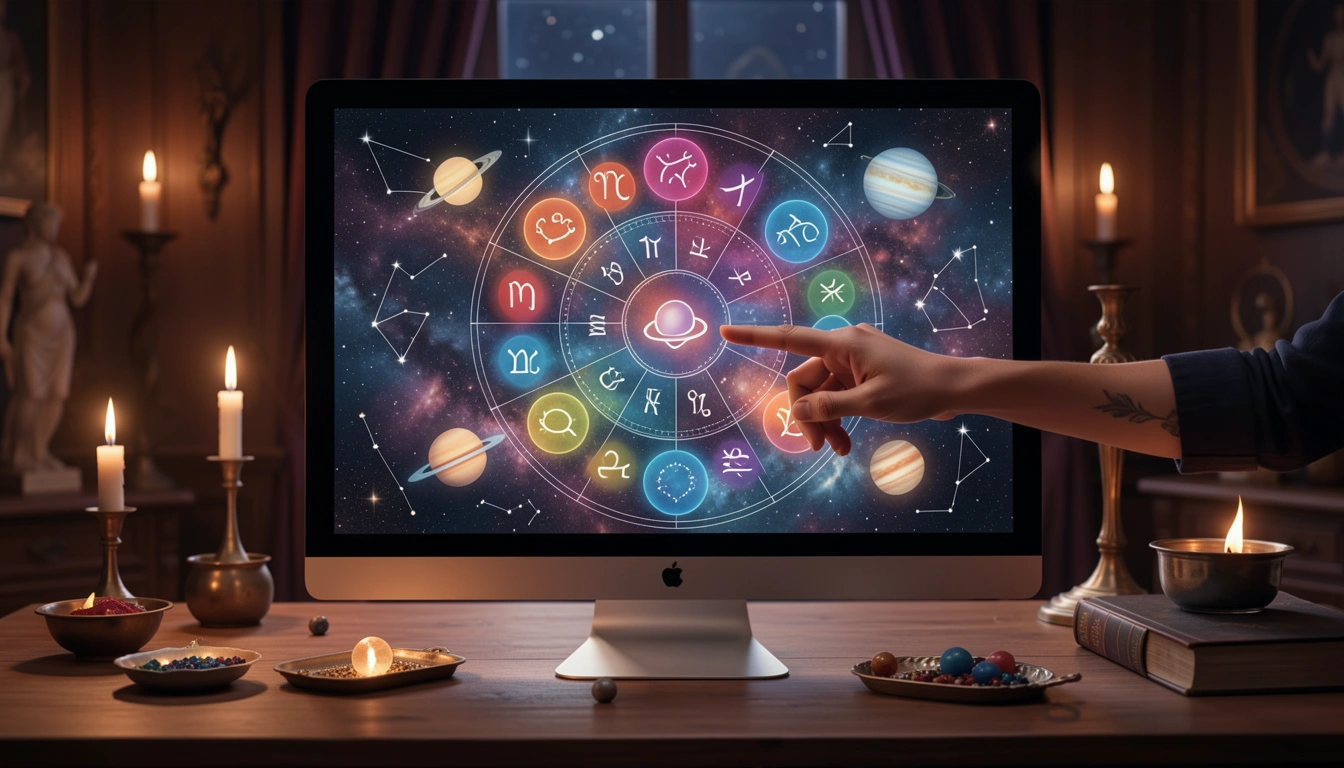 Computer screen with astrology chart and hand pointing at a symbol
