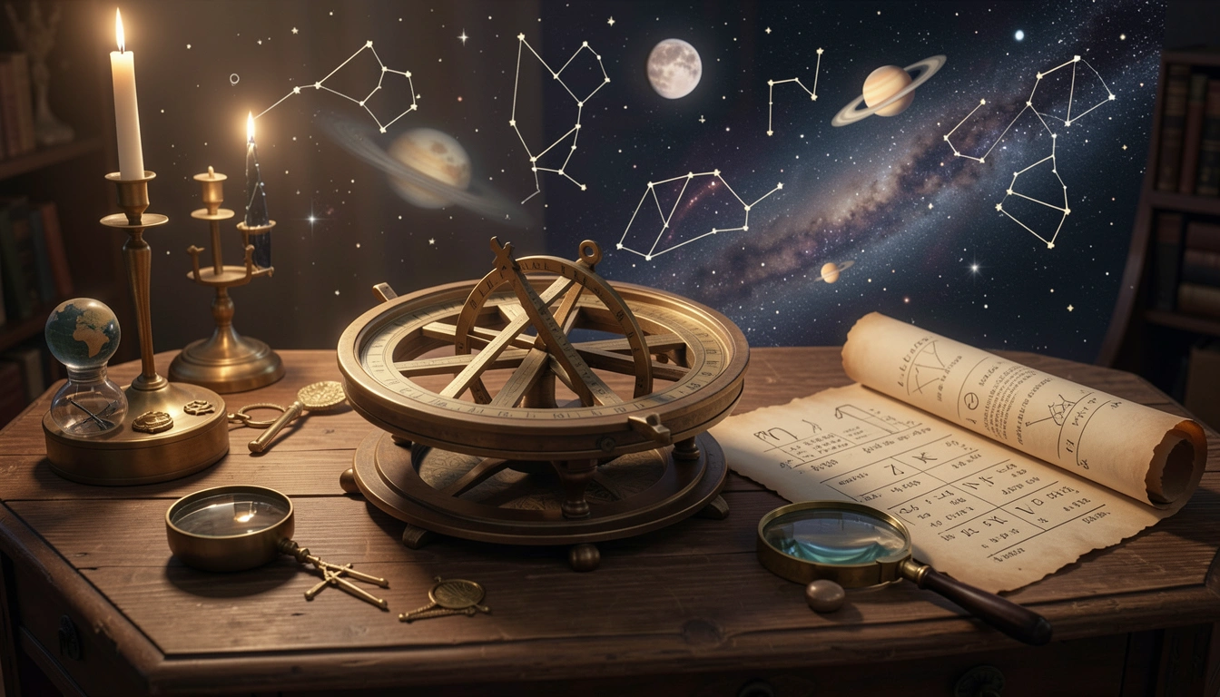 Astrolabe and parchment with celestial calculations.