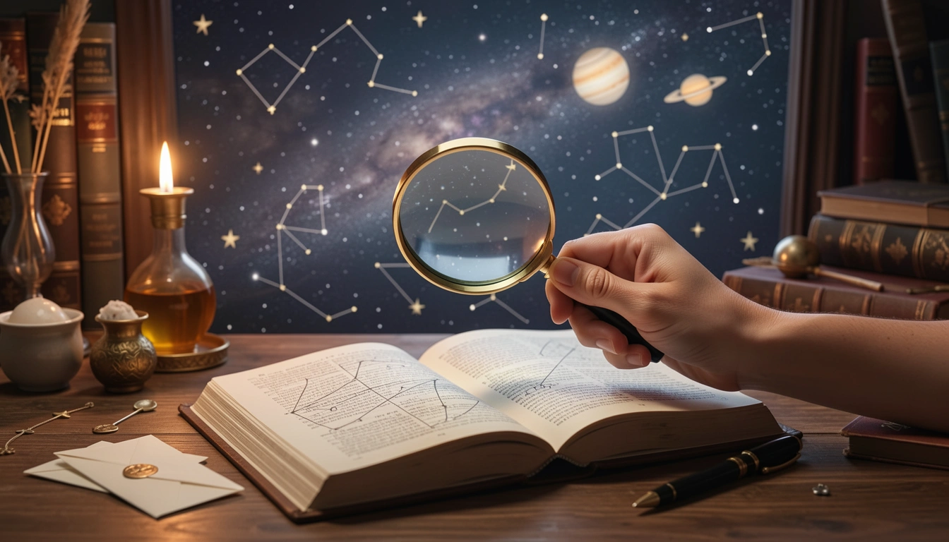 Reader with magnifying glass over astrology book.