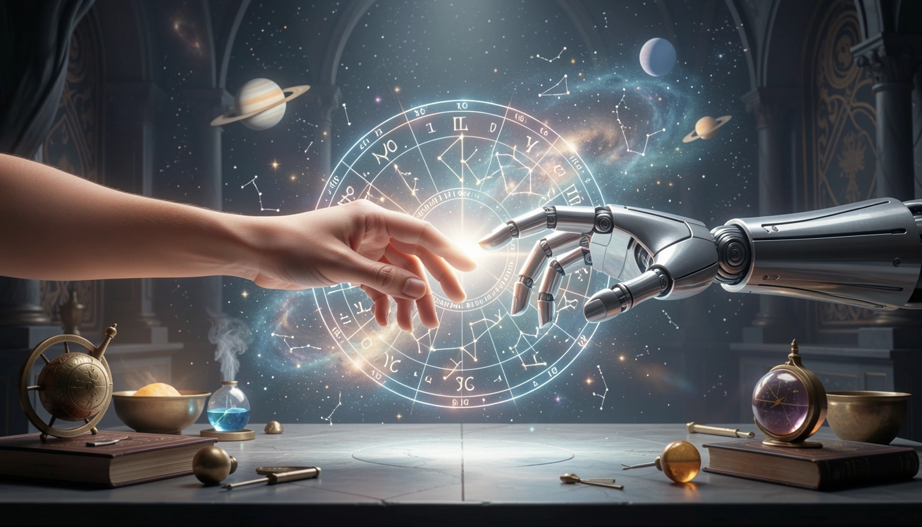 Human and robotic hands with a glowing astrological chart.