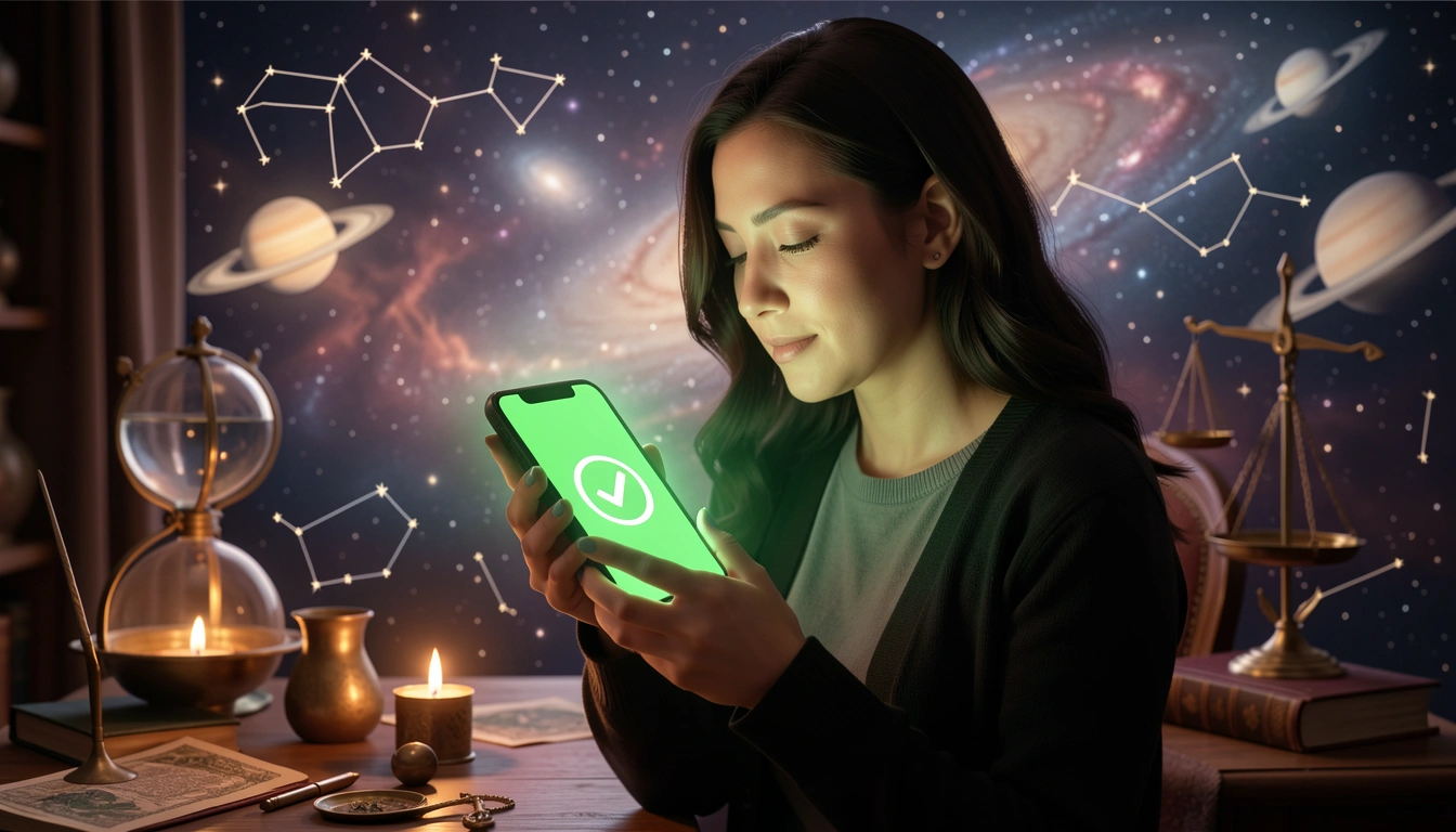 User successfully recovering their astrology account, glowing smartphone with confirmation icon, cosmic background.