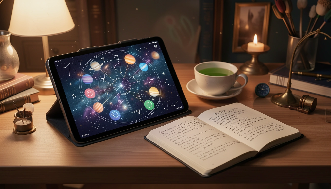 Digital tablet displaying astrological chart with notebook and tea on desk