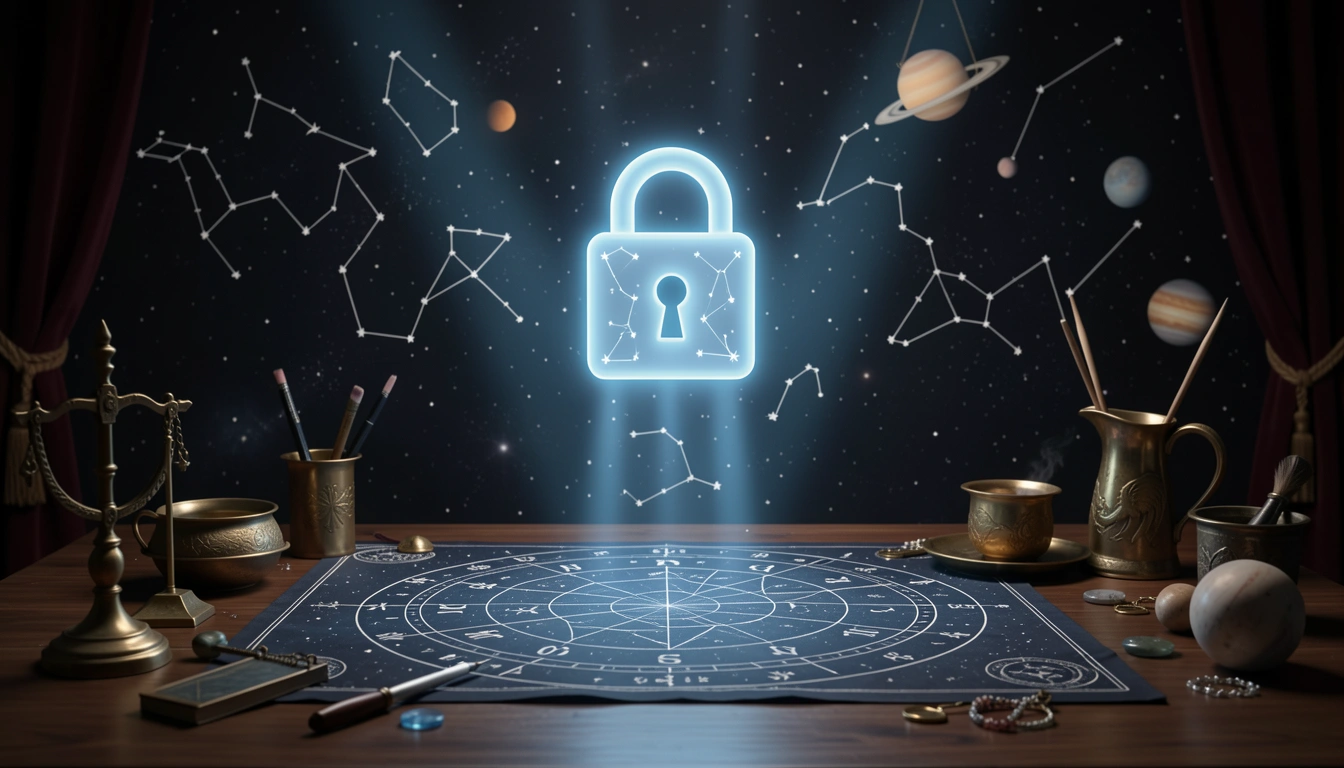 Glowing padlock over a star map with soft blue light beams