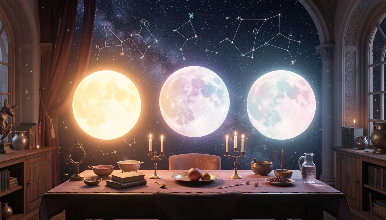 Three glowing celestial spheres representing Sun, Moon, and Rising signs against a starry sky