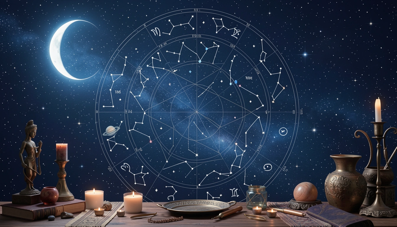 Detailed star chart with zodiac constellations and crescent moon