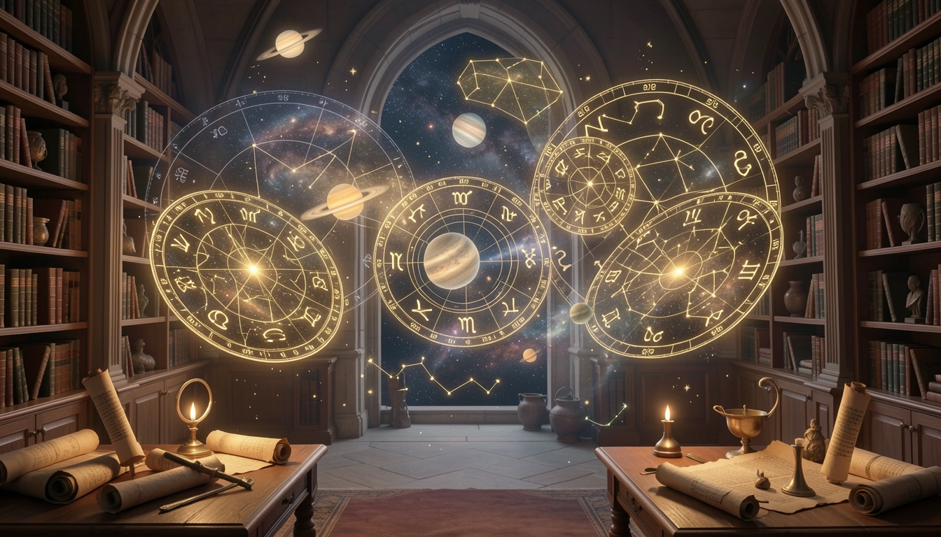 Floating astrological charts in a mystical library setting
