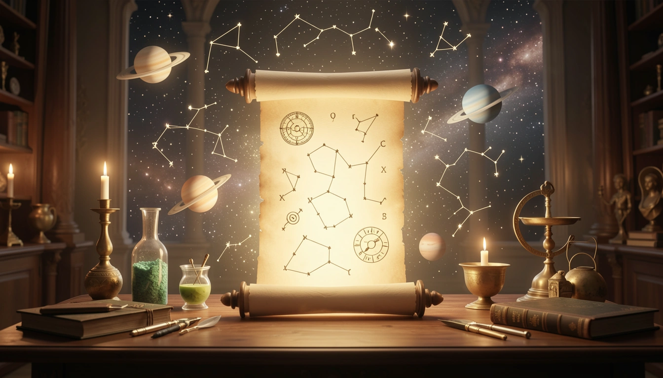 Scroll of light with new celestial symbols floating in starry space