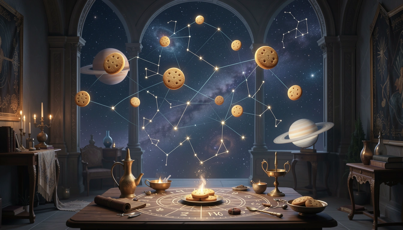 Digital landscape with glowing cookie icons connected by light lines