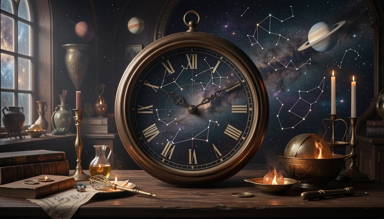 Cosmic clock with stars drifting away into a dark void