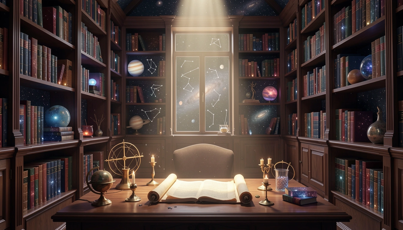 Cosmic library with glowing books and a beam of light on a scroll