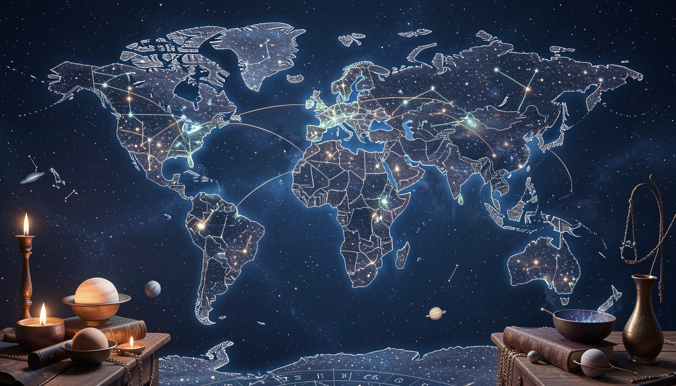 World map made of stars and constellations with glowing connecting lines