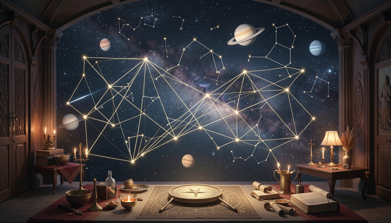 Celestial network of glowing nodes and light bridges connecting data centers