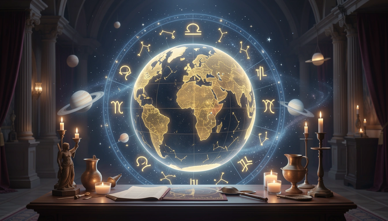 Globe with zodiac constellations in gold and starry ring