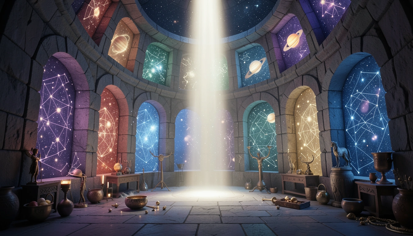 Twelve luminous doorways arranged in a circle representing astrological houses with a central beam of light