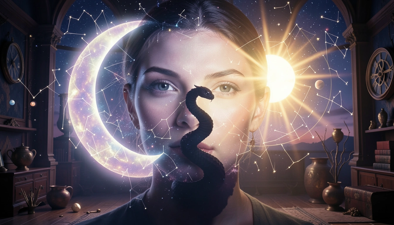 Double exposure of a human face with a crescent Moon and Sun against a twilight sky