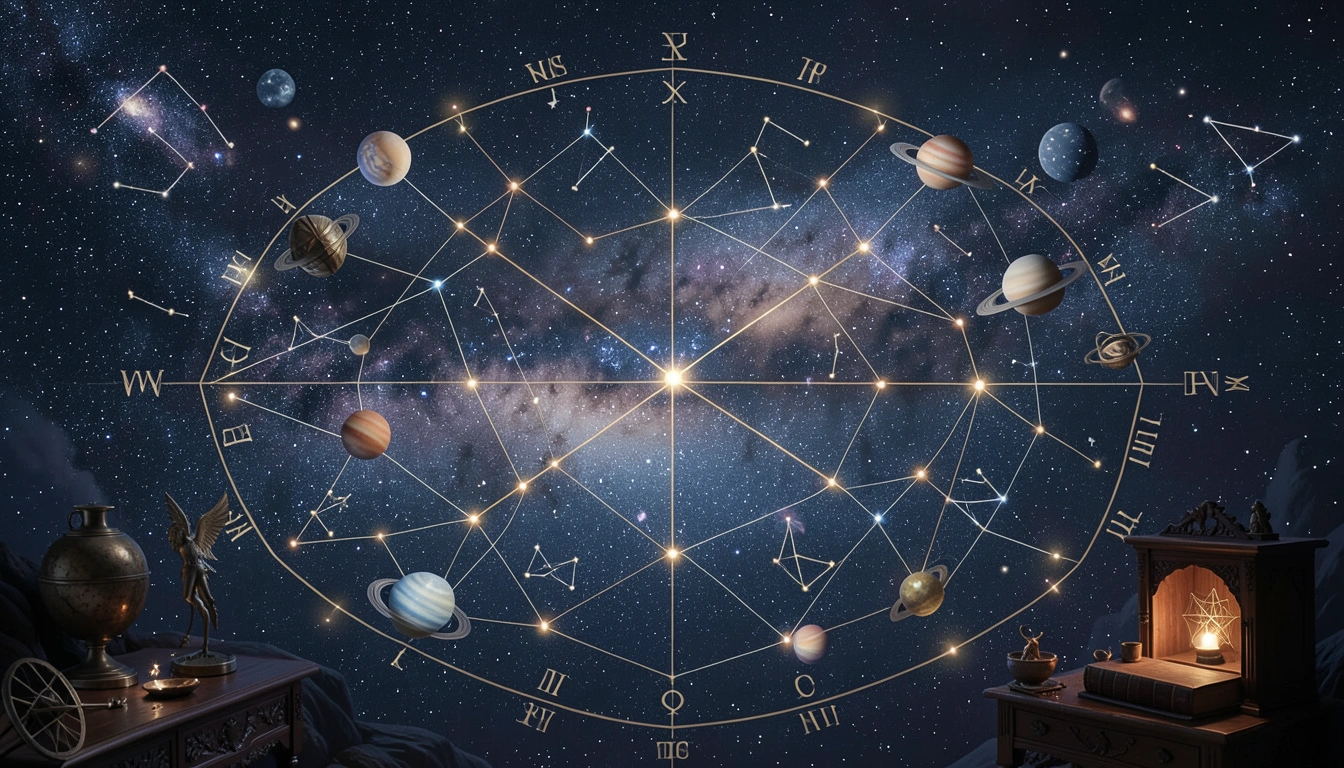 Celestial map with interconnected lines between planets, zodiac symbols, and house cusps against deep space