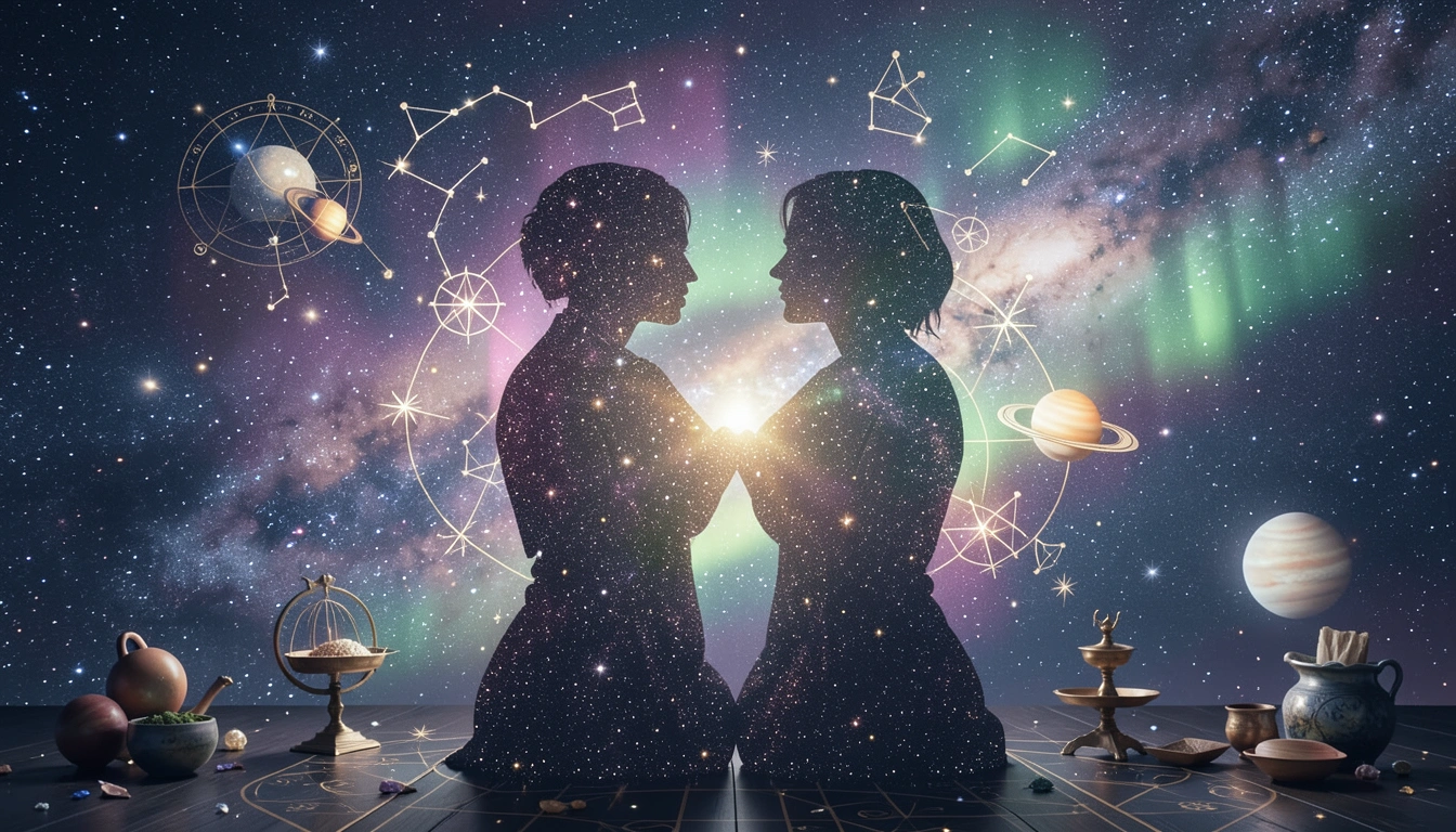 Two stardust silhouettes intertwined with floating planetary symbols against a cosmic background