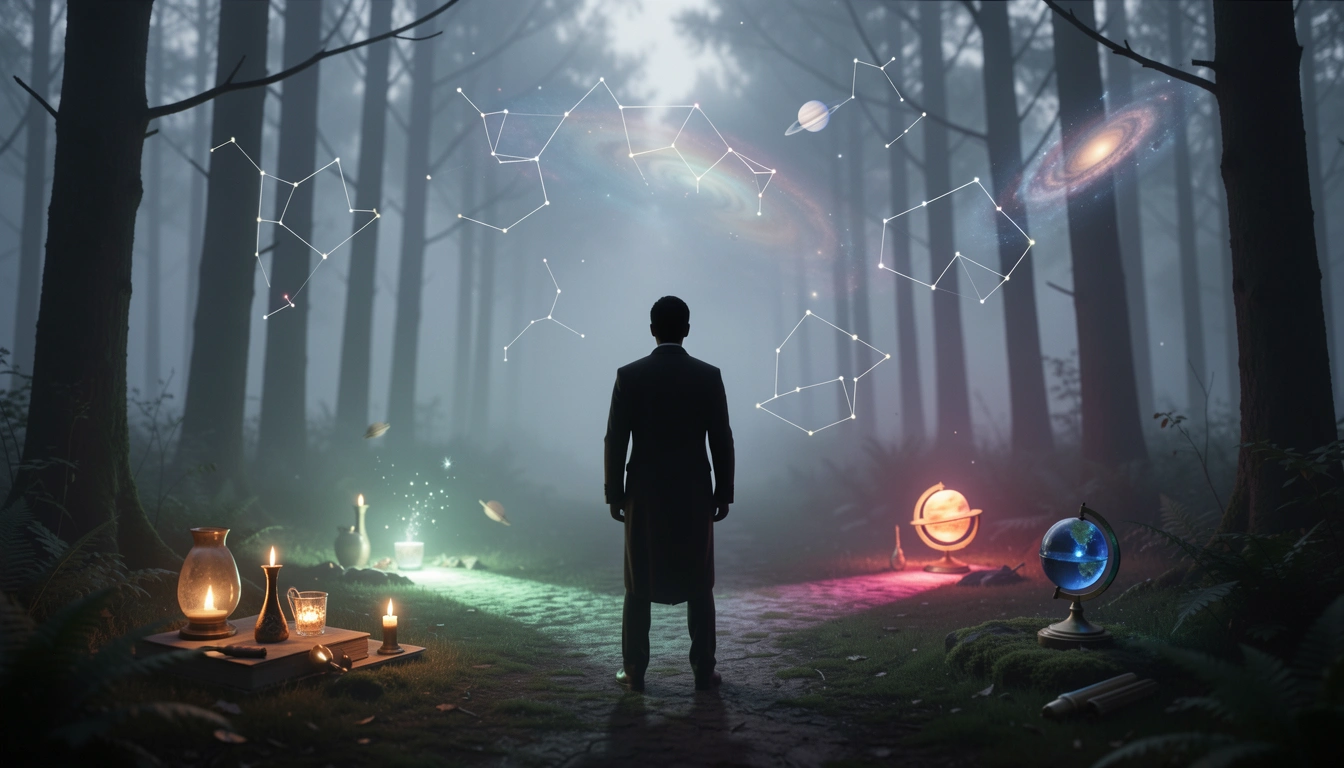 Silhouette at a crossroads in a misty forest at dawn with three colored paths
